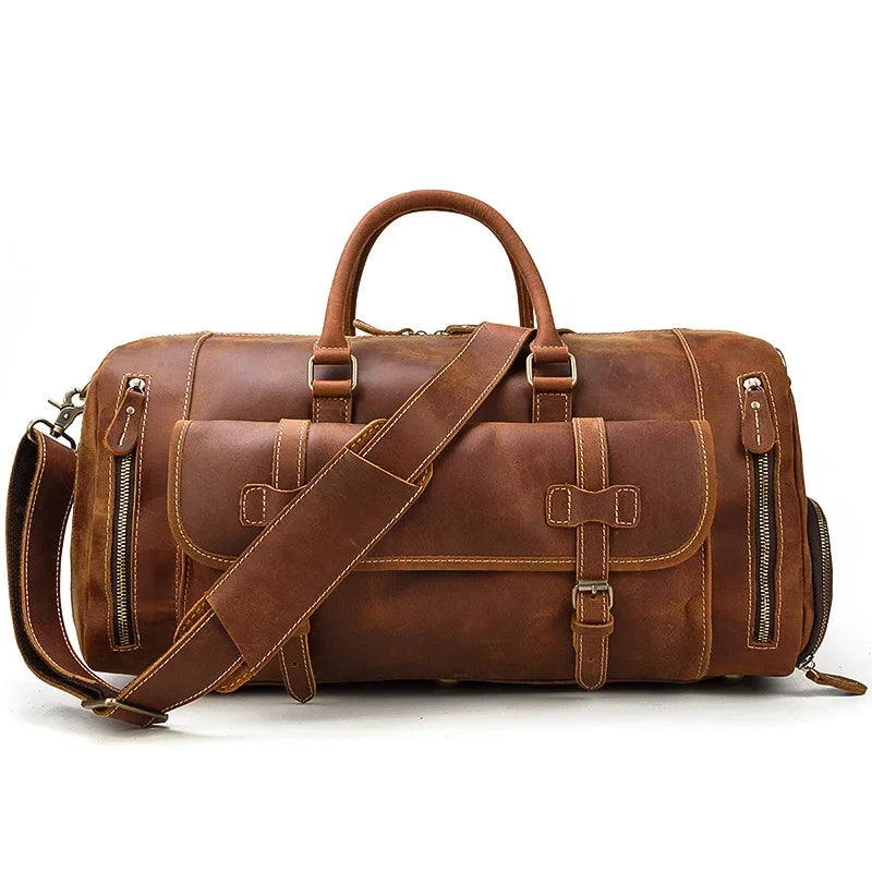 Crazy Horse Leather Travel Bag with Shoe Compartment