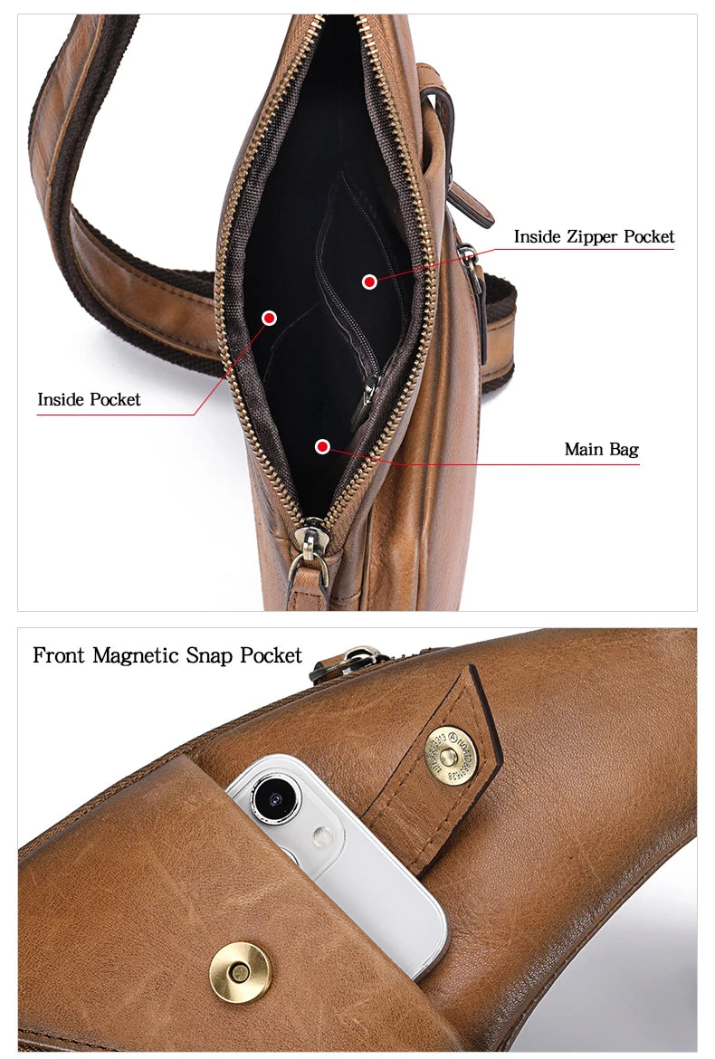 Genuine Leather Crossbody Chest Bag — Vintage Multifunction Travel Sling