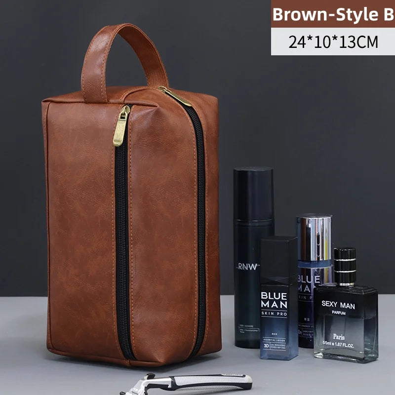 Vintage Leather Wash Bag — Large Capacity Travel Toiletry Pouch