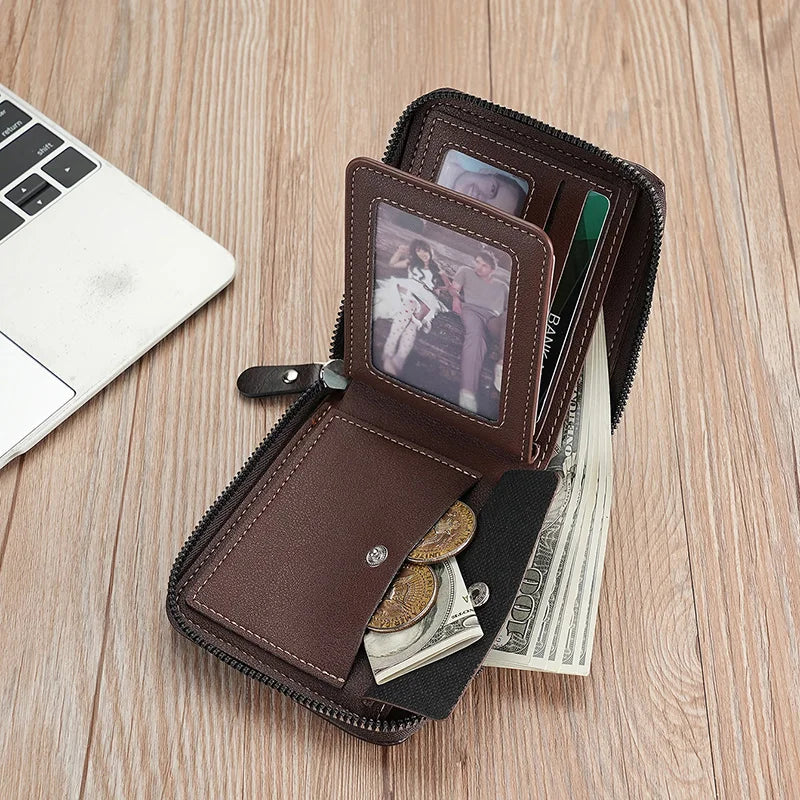 RFID Leather Men's Wallet — Zip Coin Pocket & Card Holder