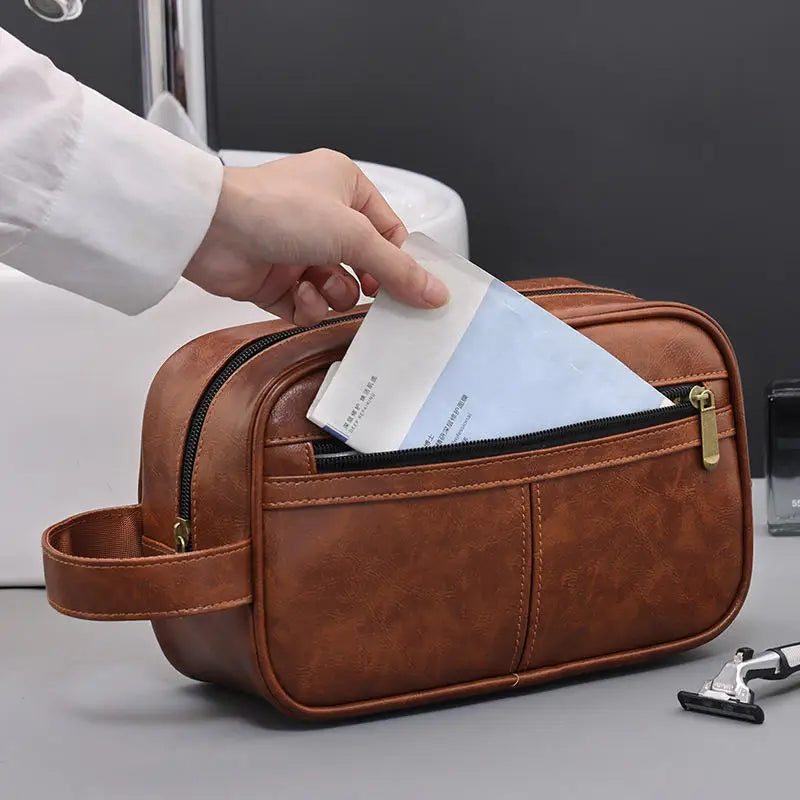 Vintage Leather Wash Bag — Large Capacity Travel Toiletry Pouch