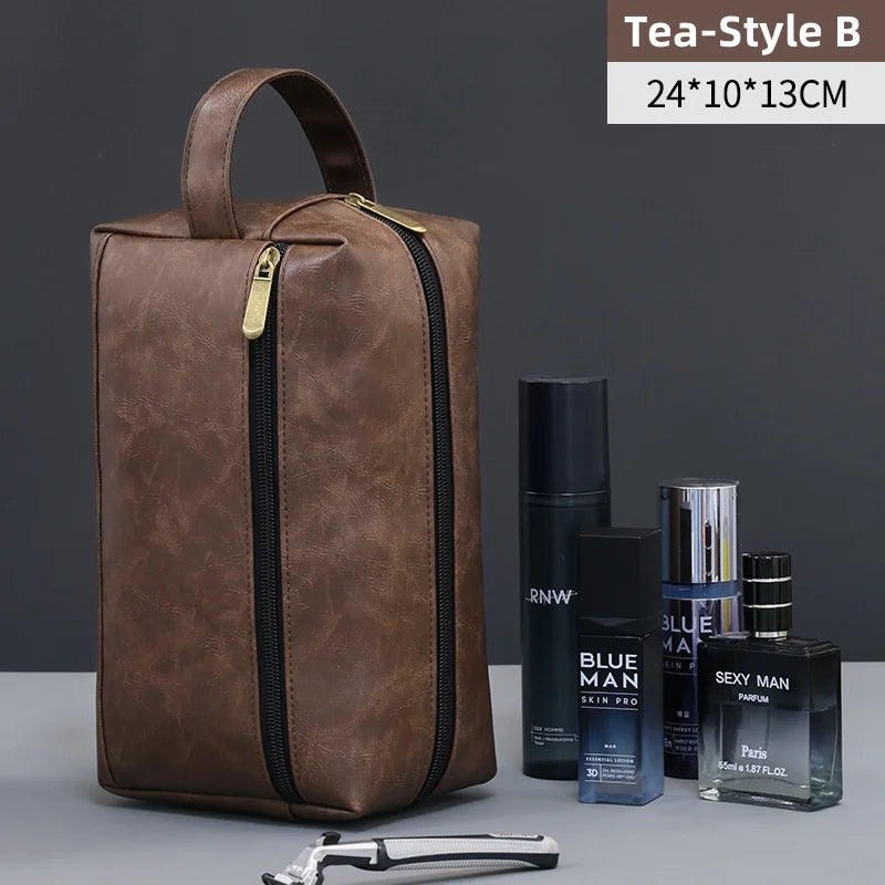 Vintage Leather Wash Bag — Large Capacity Travel Toiletry Pouch