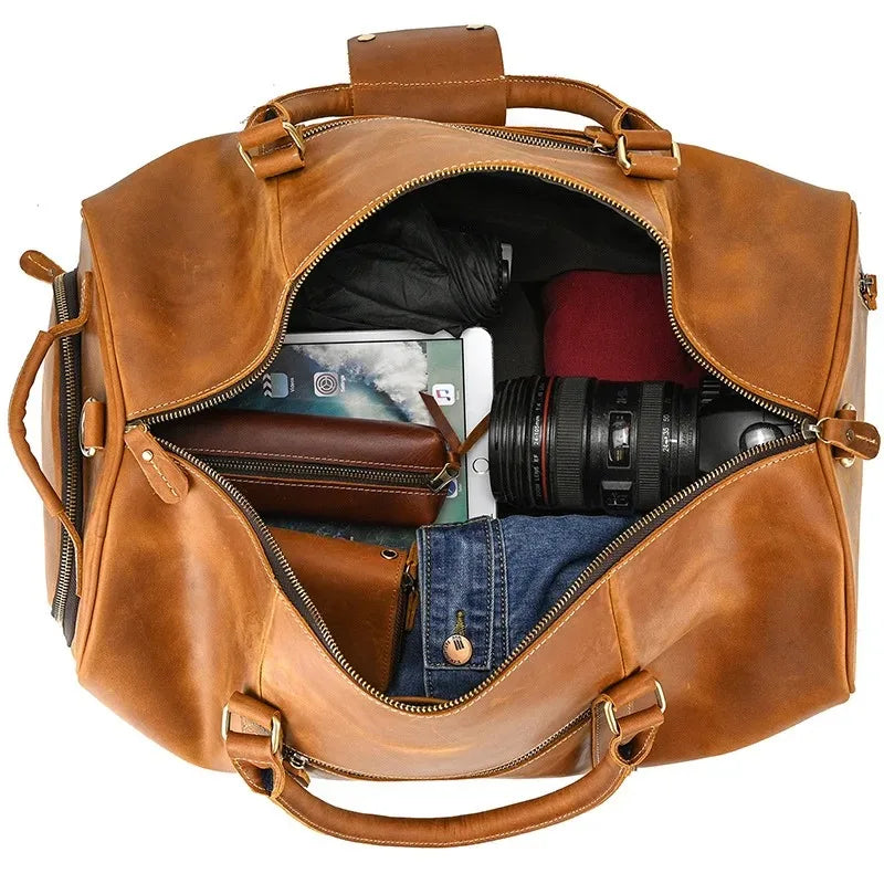 Crazy Horse Leather Travel Bag with Shoe Compartment