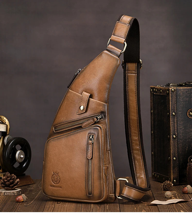 Genuine Leather Crossbody Chest Bag — Vintage Multifunction Travel Sling