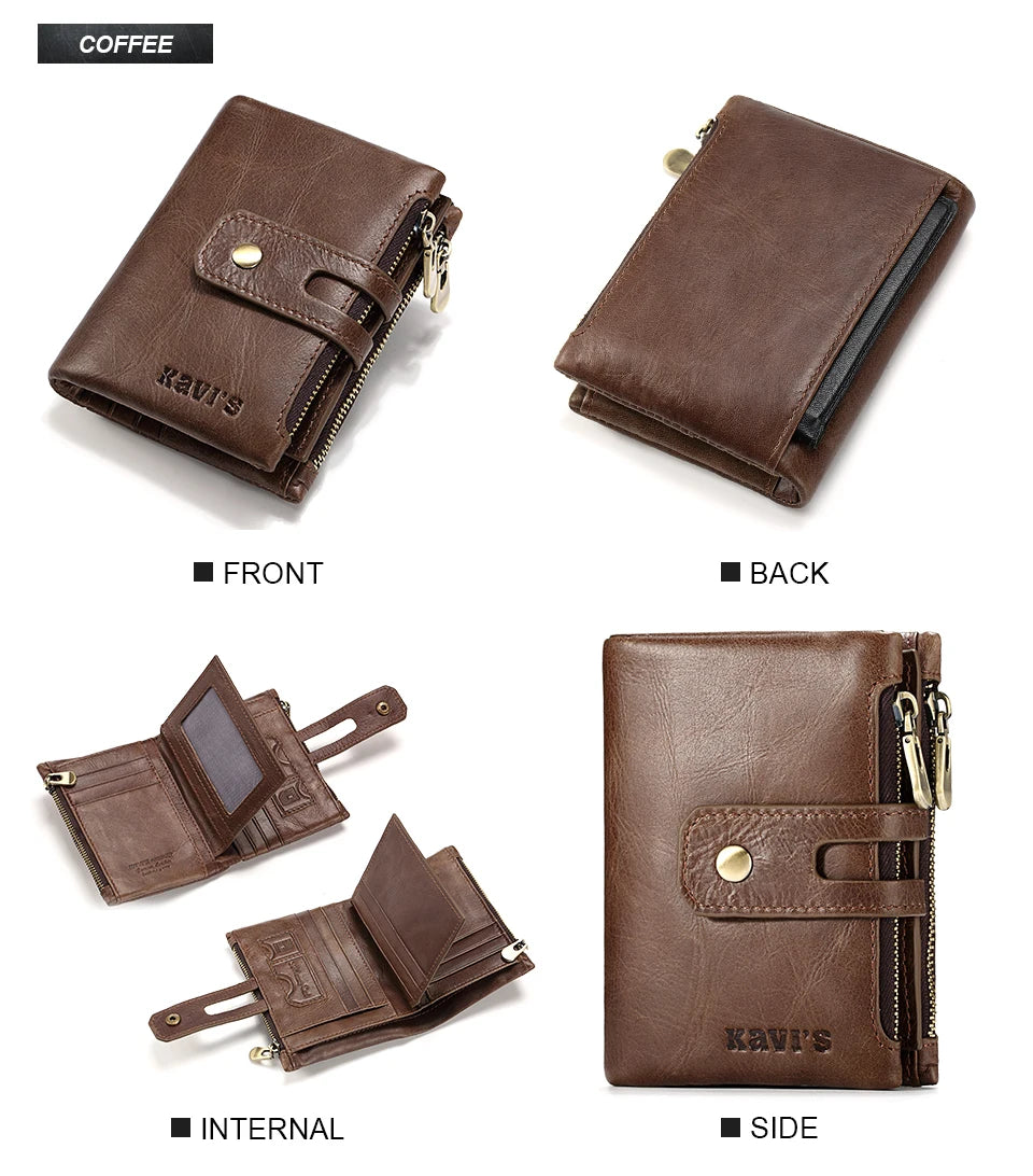 RFID Leather Bifold Wallet — Zip Coin Pocket for Men & Women