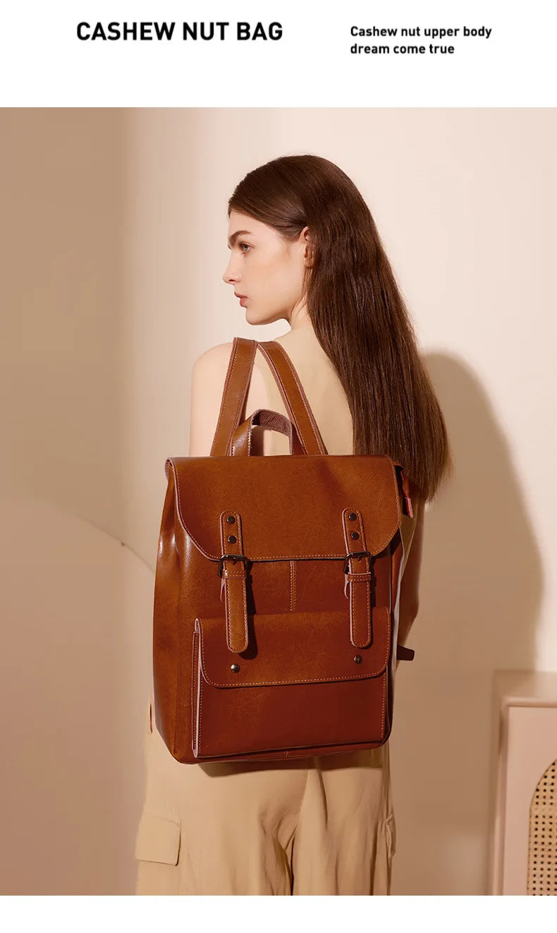 Women Genuine Leather Backpack Durable Cowhide Laptop Bag 14 Inch Multiple Pocket British Vintage College Style Unisex Rucksack