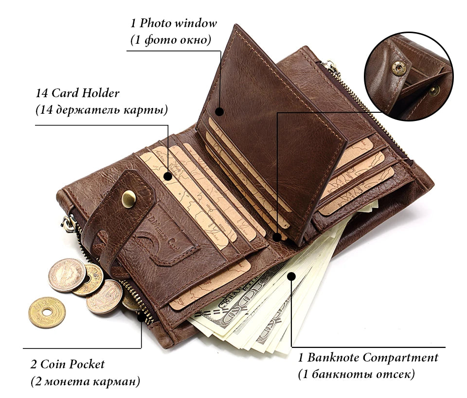 RFID Leather Bifold Wallet — Zip Coin Pocket for Men & Women