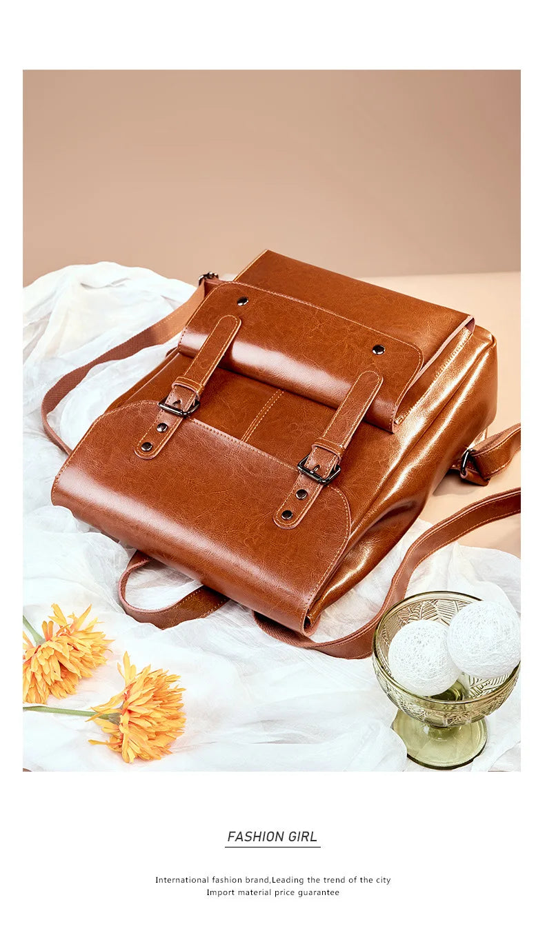 Women Genuine Leather Backpack Durable Cowhide Laptop Bag 14 Inch Multiple Pocket British Vintage College Style Unisex Rucksack