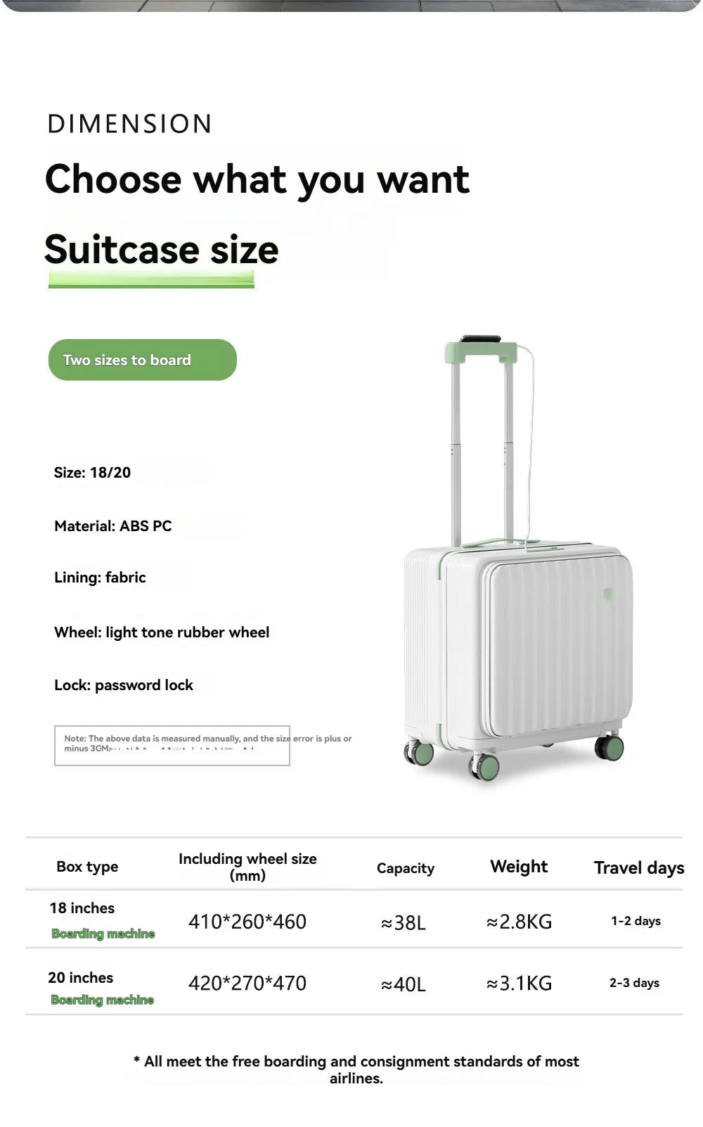 18" Cabin Suitcase with Deep Front Compartment — Unisex Boarding Bag