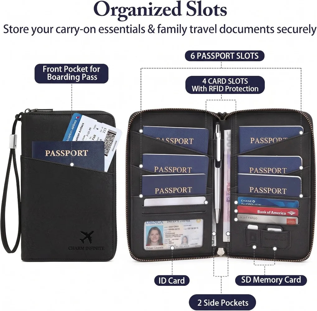RFID Family Passport Wallet — Leather Travel Organiser with Wrist Strap