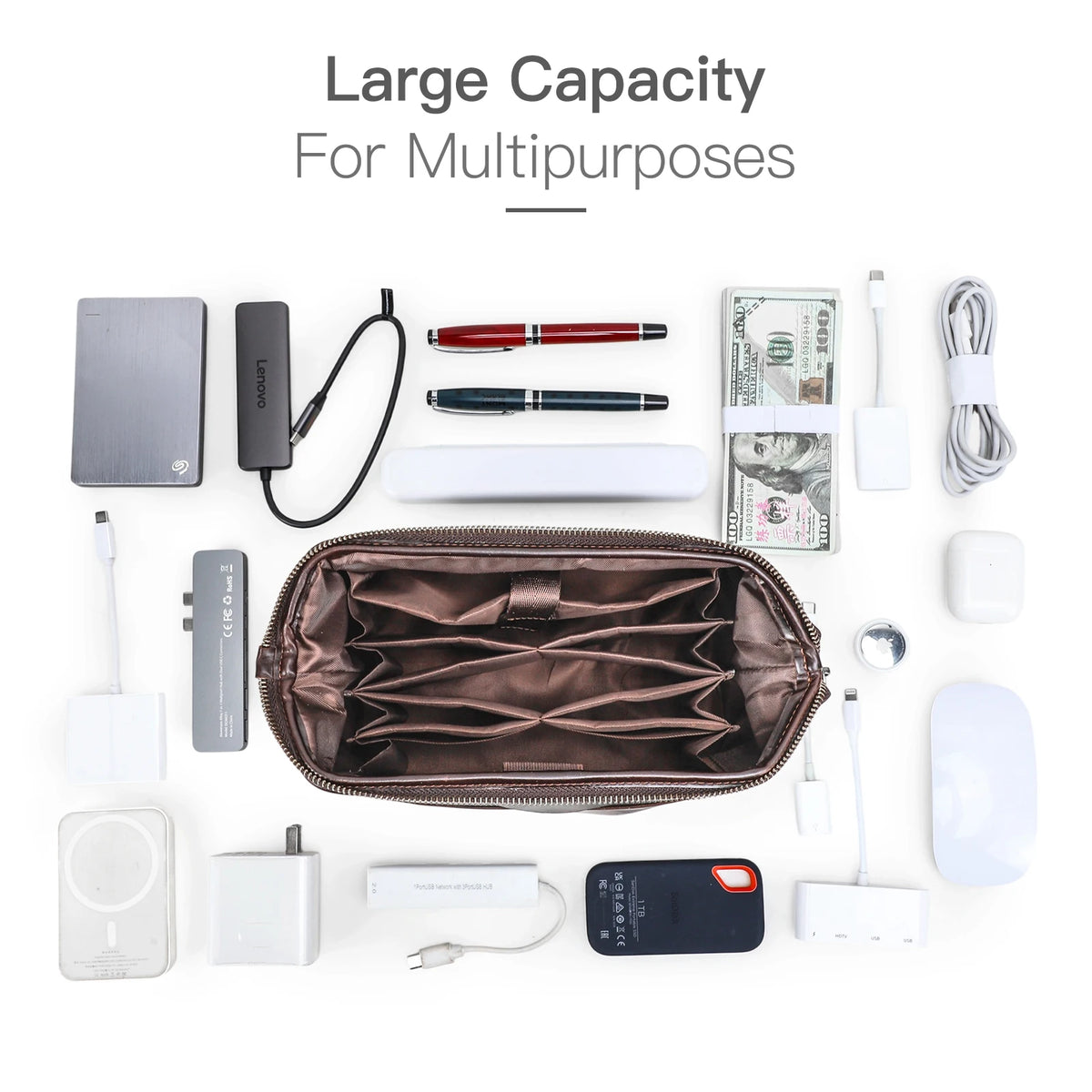 Northbound Travel Tech Clutch — Genuine Leather Cable & Accessory Organiser