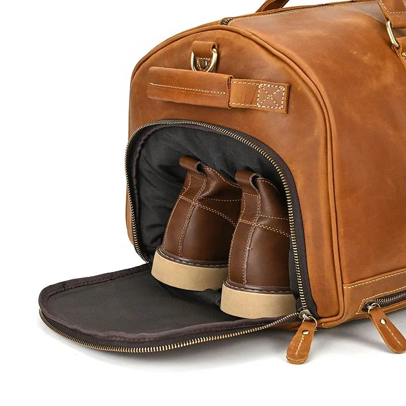 Crazy Horse Leather Travel Bag with Shoe Compartment