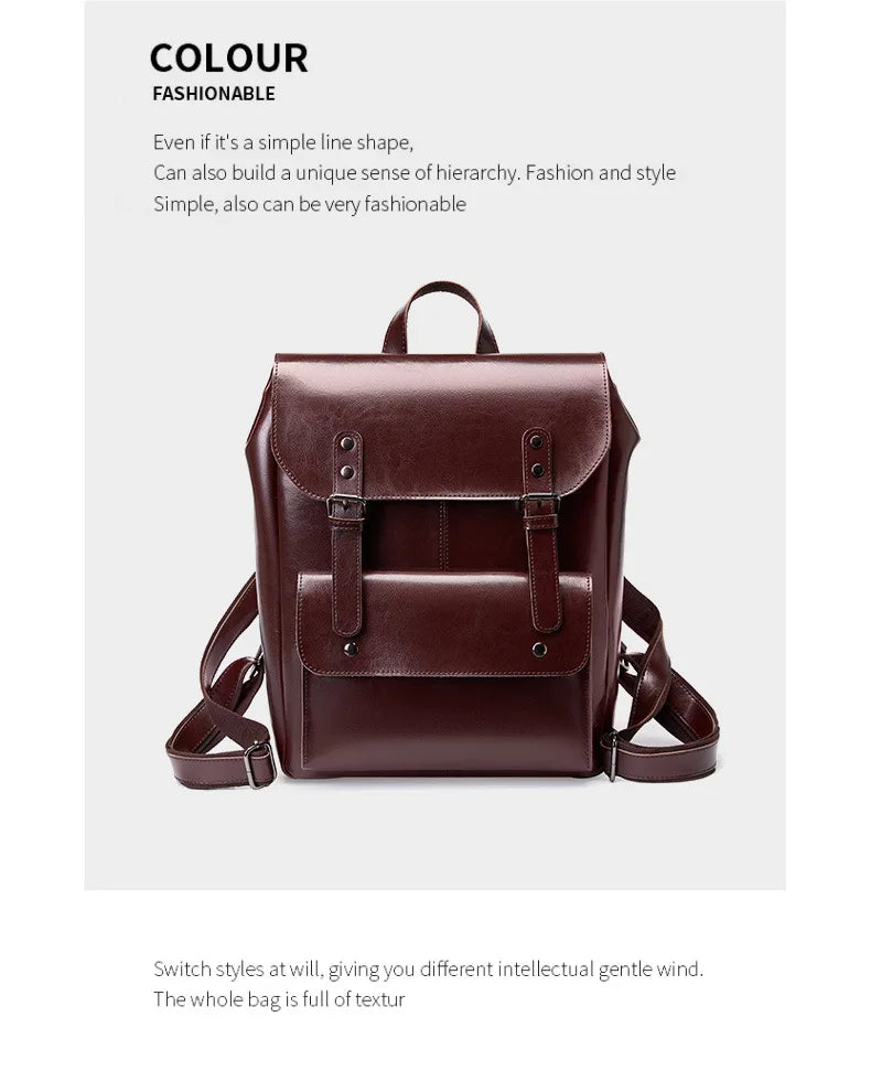 Women Genuine Leather Backpack Durable Cowhide Laptop Bag 14 Inch Multiple Pocket British Vintage College Style Unisex Rucksack