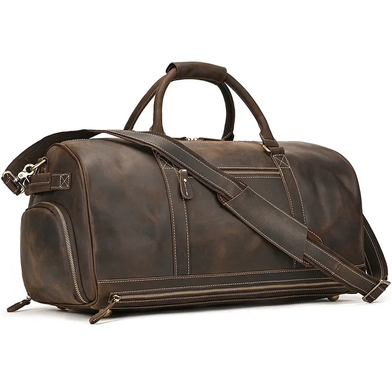 Crazy Horse Leather Travel Bag with Shoe Compartment