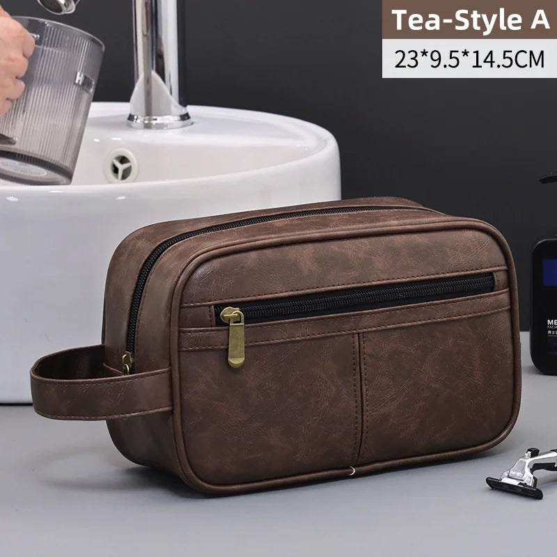 Vintage Leather Wash Bag — Large Capacity Travel Toiletry Pouch