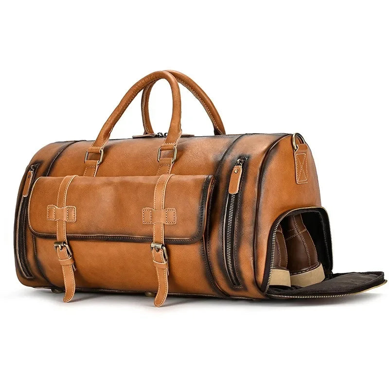 Crazy Horse Leather Travel Bag with Shoe Compartment