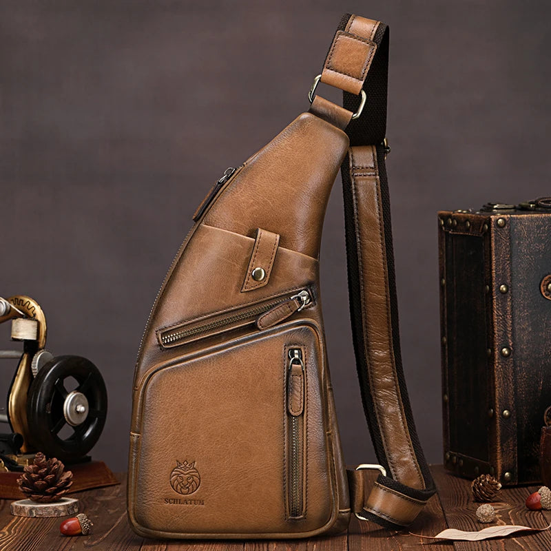 Genuine Leather Crossbody Chest Bag — Vintage Multifunction Travel Sling