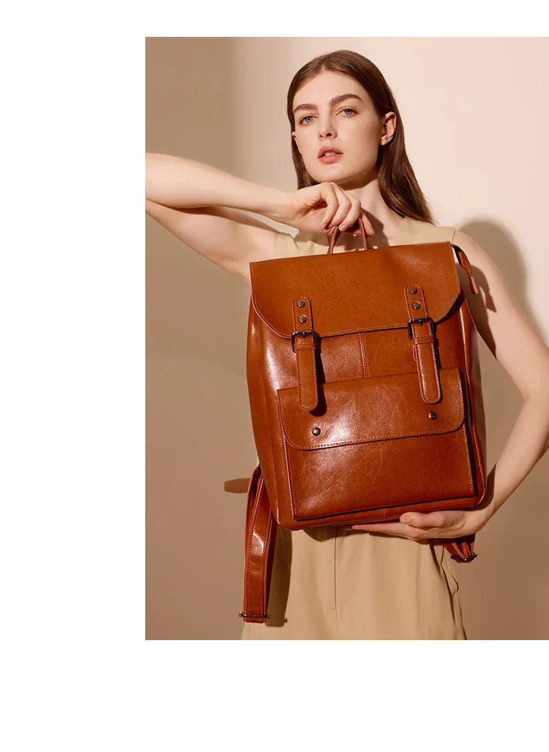 Women Genuine Leather Backpack Durable Cowhide Laptop Bag 14 Inch Multiple Pocket British Vintage College Style Unisex Rucksack