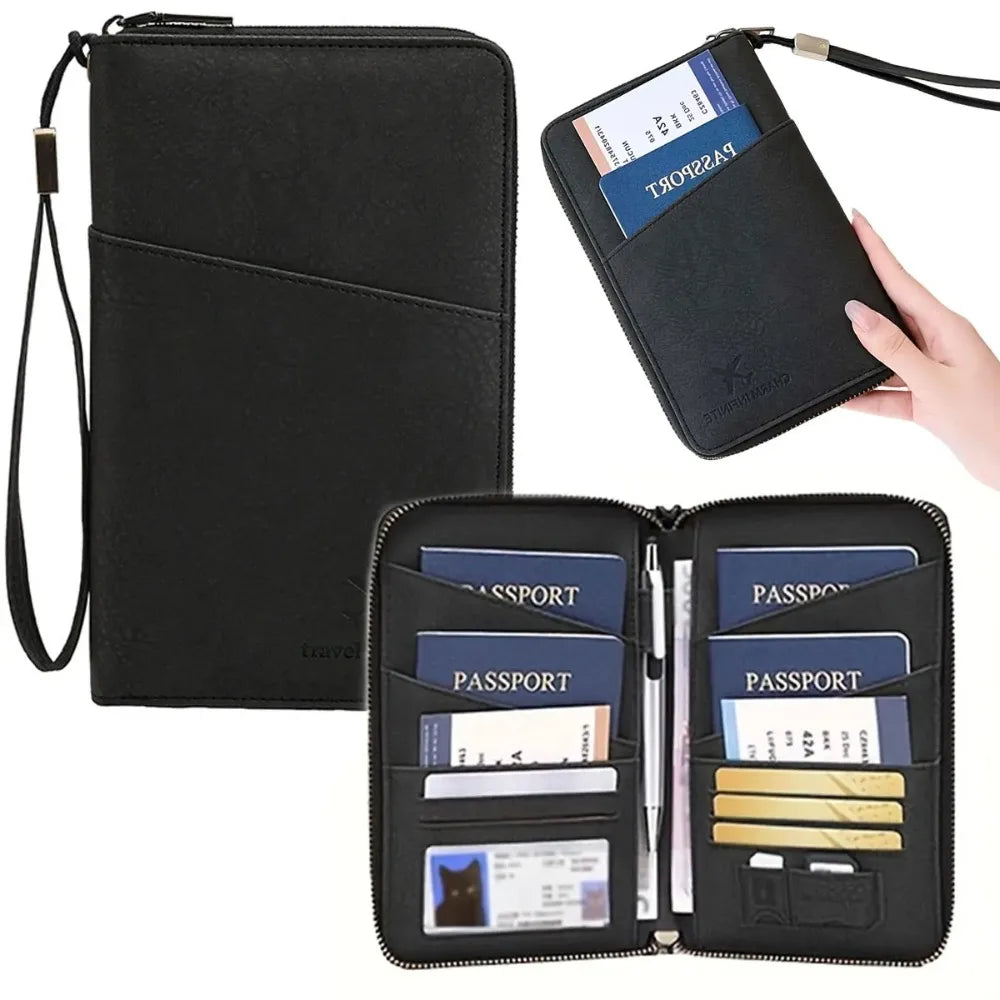 RFID Family Passport Wallet — Leather Travel Organiser with Wrist Strap