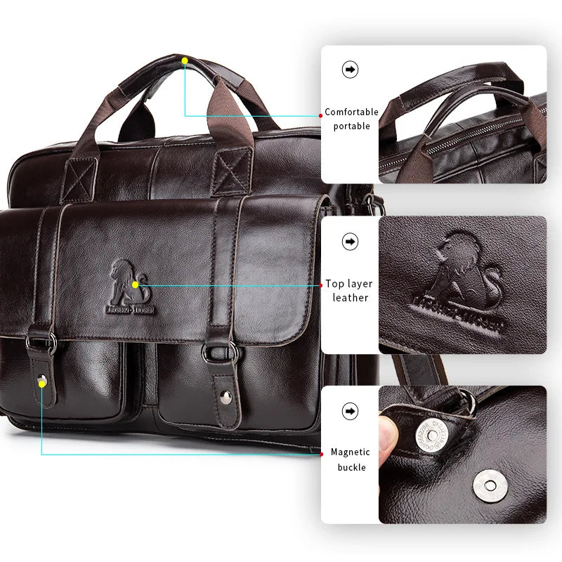 Genuine Leather Briefcase – 14" Laptop Crossbody Messenger Bag