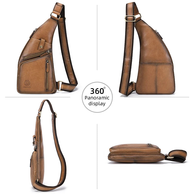 Genuine Leather Crossbody Chest Bag — Vintage Multifunction Travel Sling