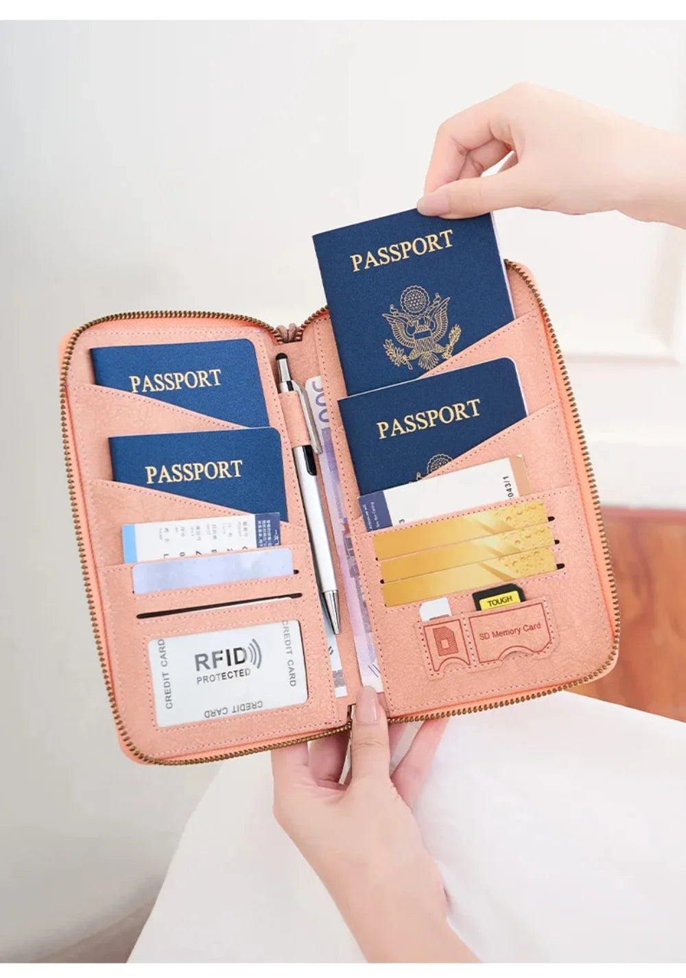 RFID Family Passport Wallet — Leather Travel Organiser with Wrist Strap