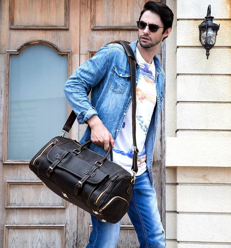 Crazy Horse Leather Travel Bag with Shoe Compartment