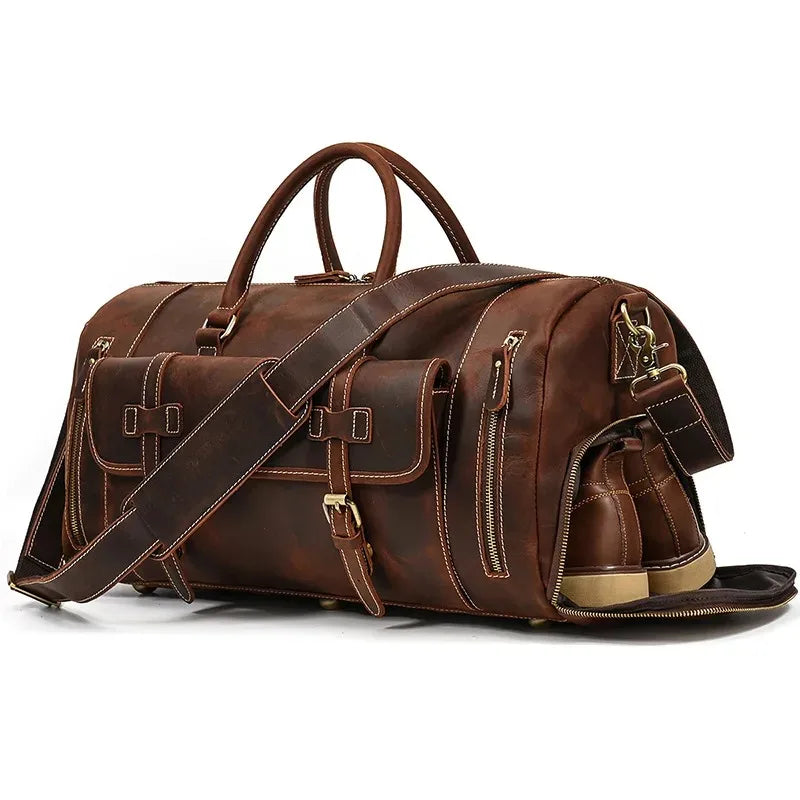 Crazy Horse Leather Travel Bag with Shoe Compartment