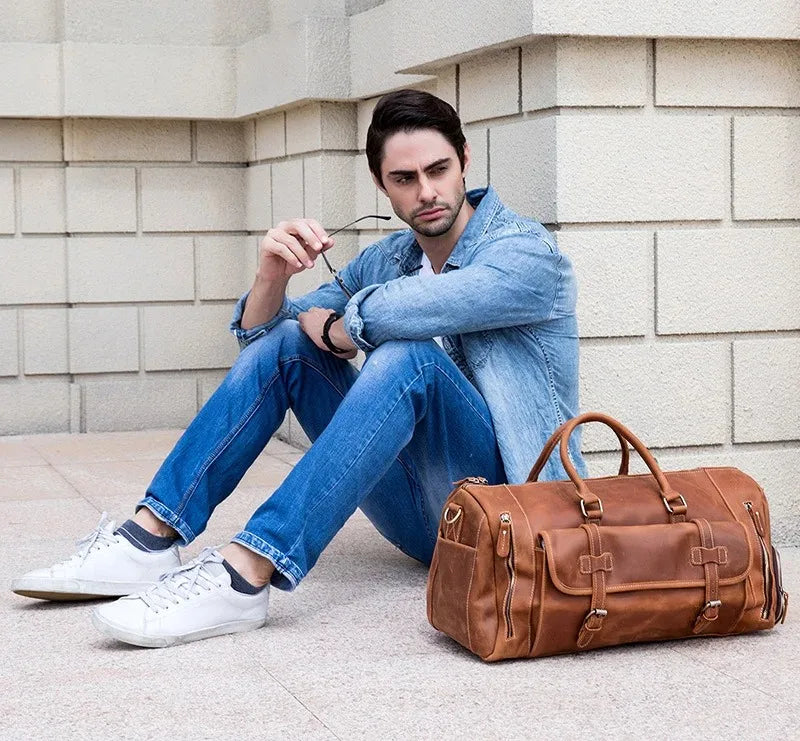 Crazy Horse Leather Travel Bag with Shoe Compartment