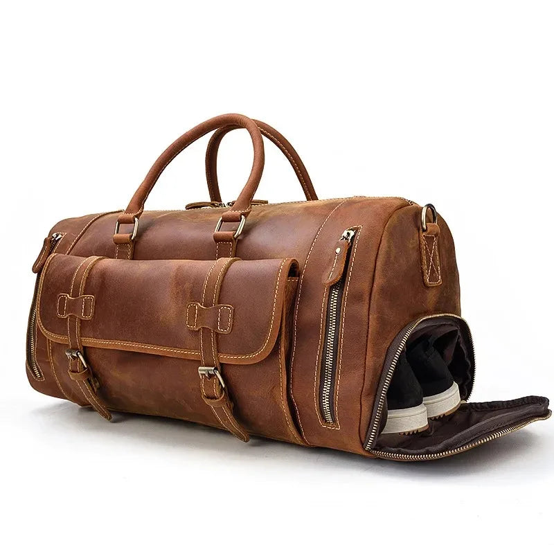 Crazy Horse Leather Travel Bag with Shoe Compartment