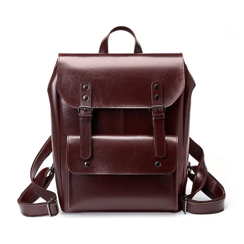 Women Genuine Leather Backpack Durable Cowhide Laptop Bag 14 Inch Multiple Pocket British Vintage College Style Unisex Rucksack
