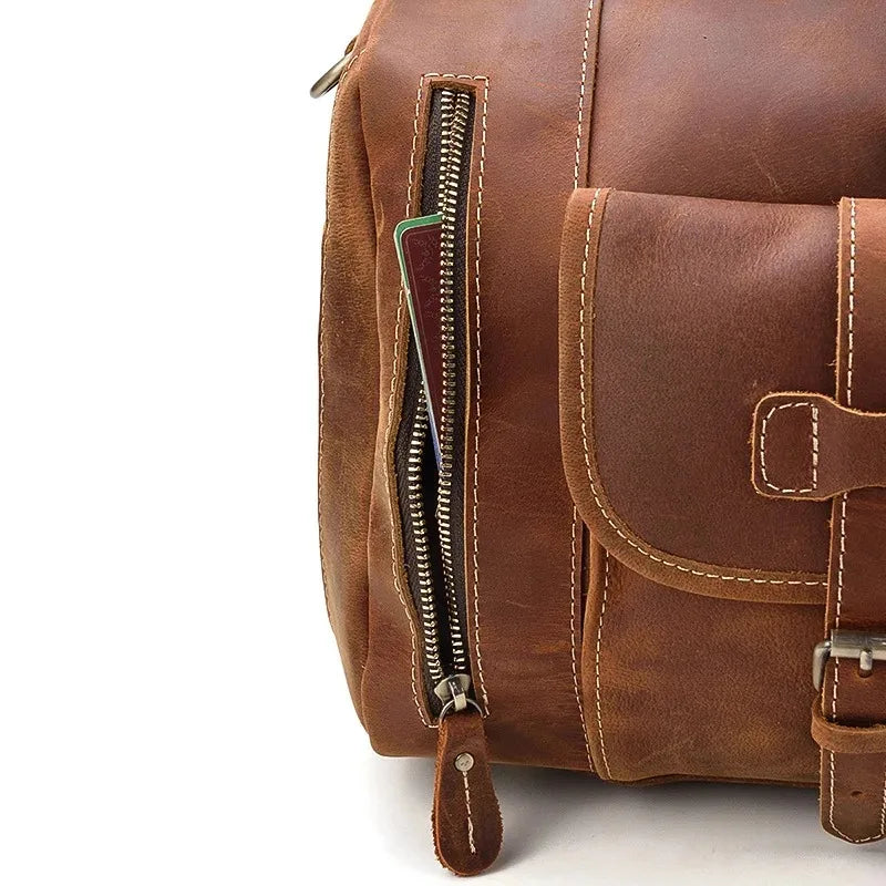 Crazy Horse Leather Travel Bag with Shoe Compartment