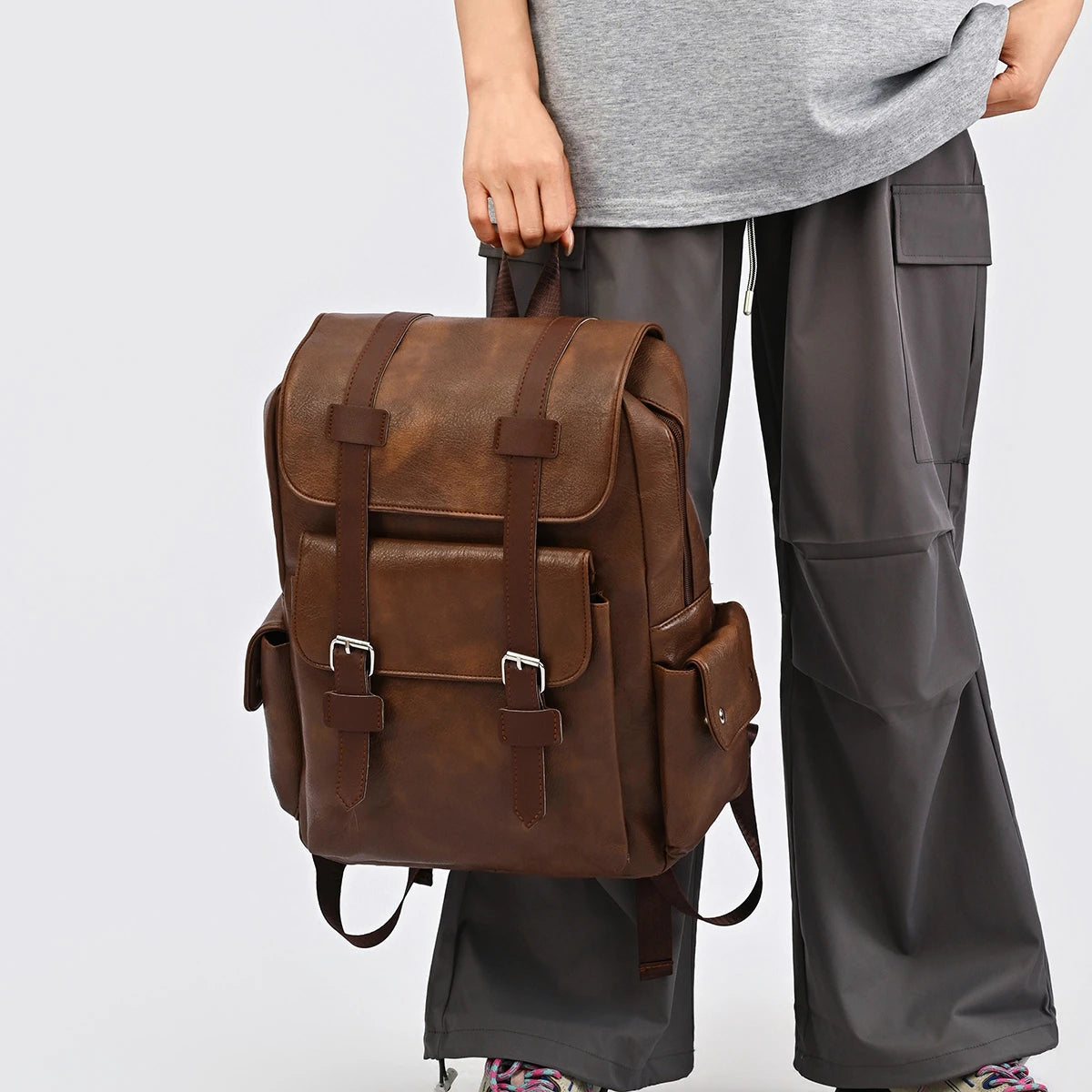 Retro PU Leather Laptop Backpack — Large Capacity Campus & Travel Rucksack