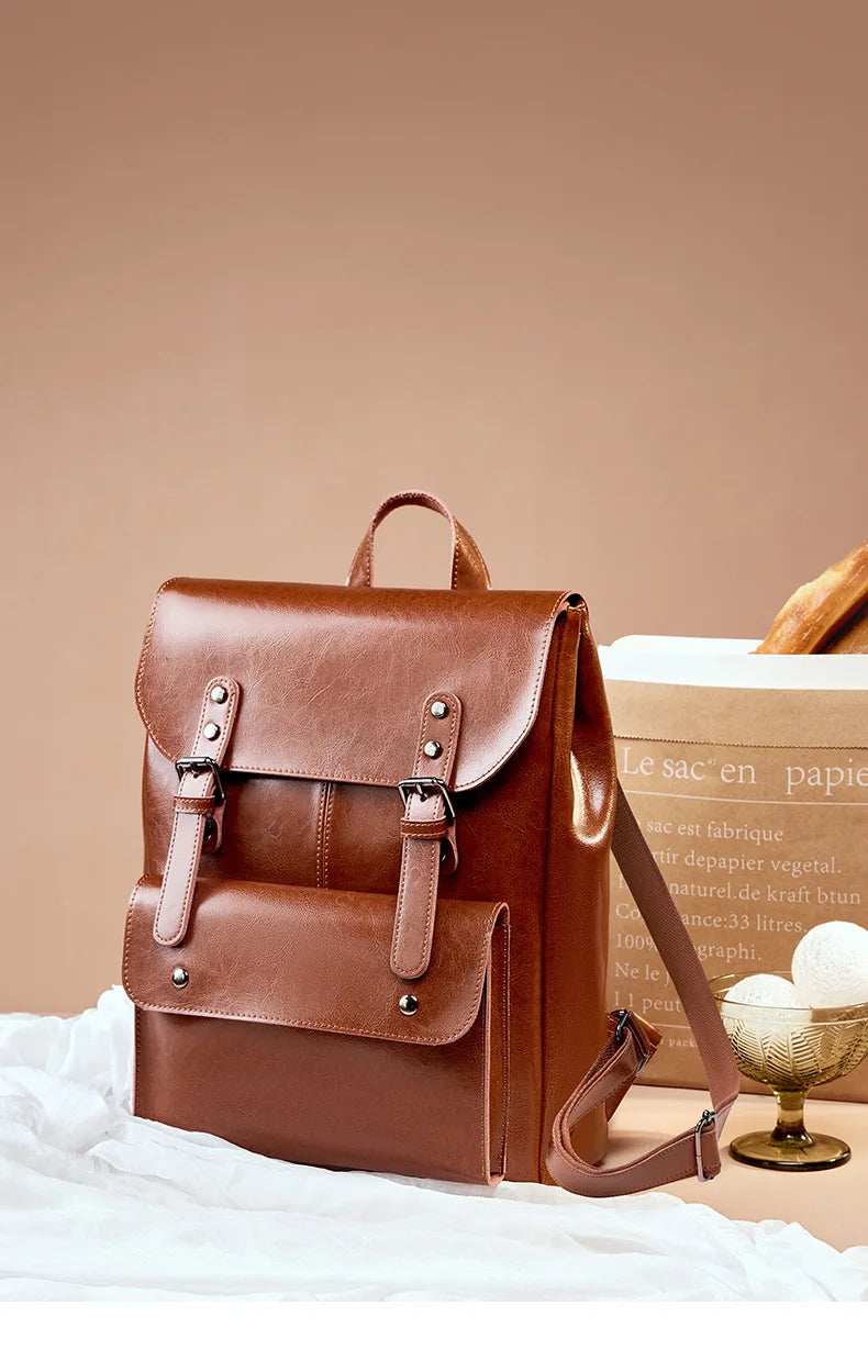 Women Genuine Leather Backpack Durable Cowhide Laptop Bag 14 Inch Multiple Pocket British Vintage College Style Unisex Rucksack